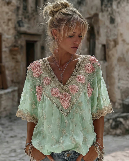 Women's Vintage Spring Floral Embroidered Art Print Flowy Linen Blend Short Sleeve Casual Tops