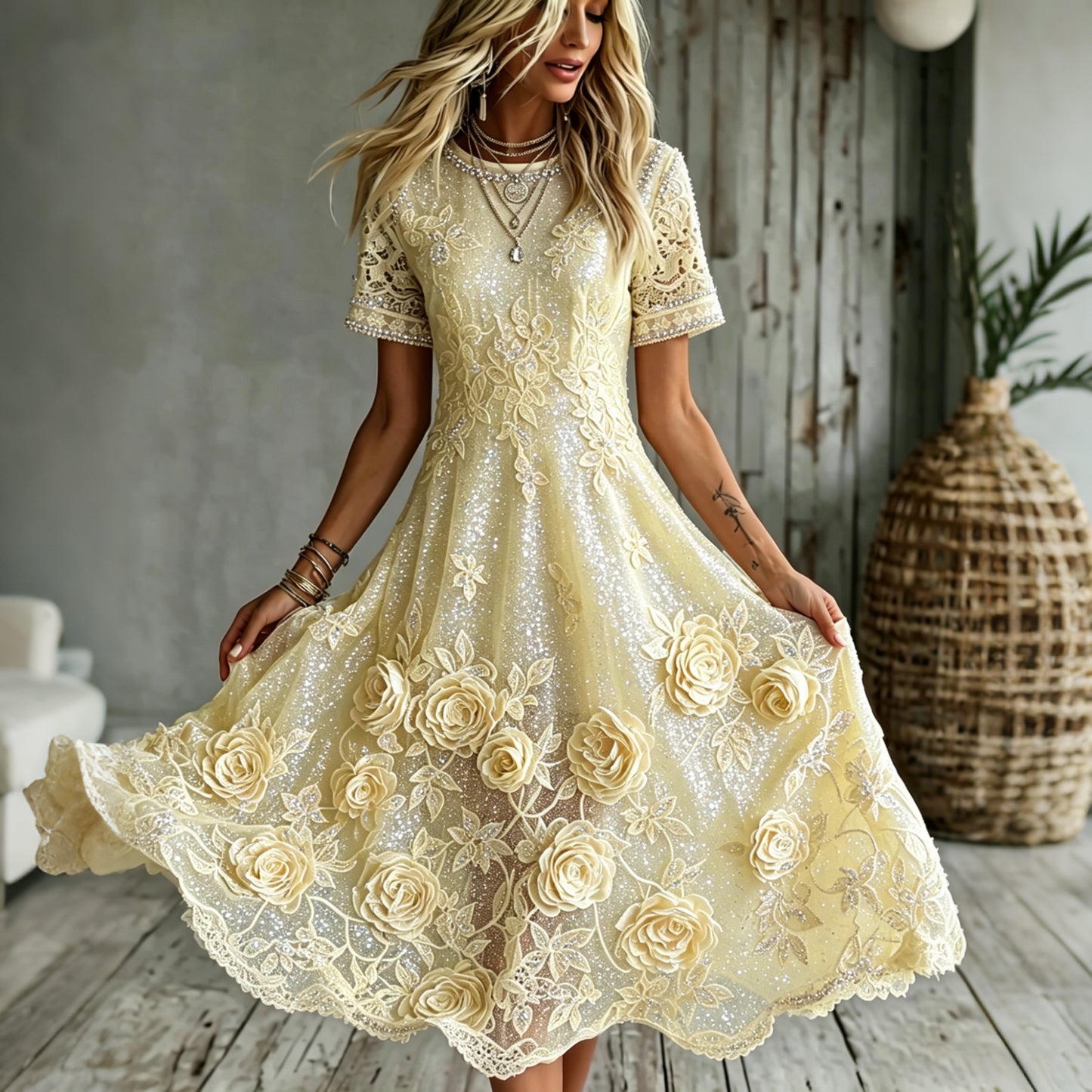 Women's Rose Art Embroidered Linen Blend Round Neck Maxi Dress