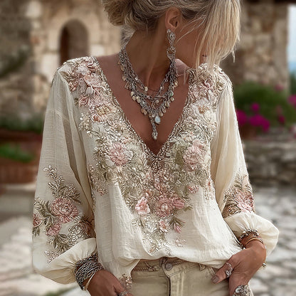 Women's Vintage Pink Floral Embroidered Art Pattern V-neck Long Sleeve Blouse