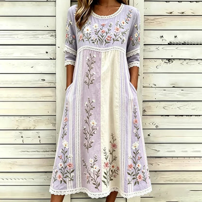Women's Retro Floral Art Embroidered Patchwork Linen Blend Short Sleeve Dress
