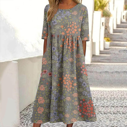 Women's Floral Print Crew Neck Linen Blend Casual Midi Dress