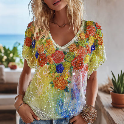 Women's Multicolor Floral Short-sleeve T-shirt