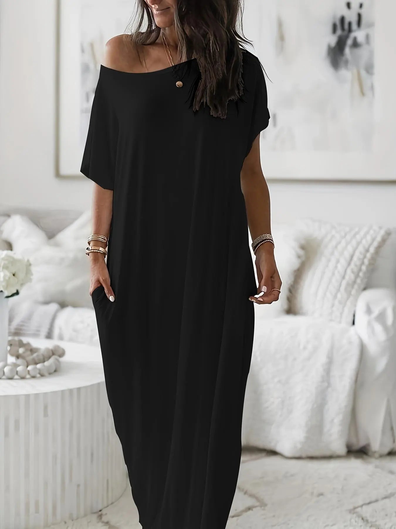 Women's Solid Color Batwing Sleeve Lounge Dress, Casual Comfy Short Sleeve Nightdress for Daily Wear, Ladies Sleepwear for All Seasons