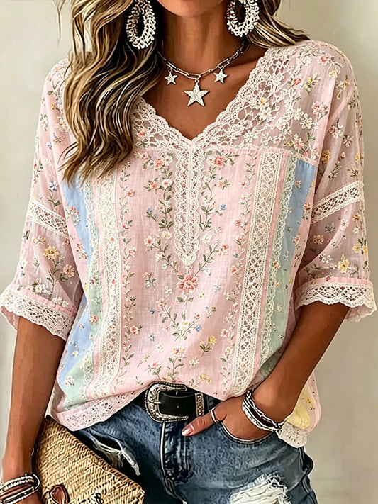 Vintage-inspired Small Floral And Lace Embroidery Patchwork Art Comfortable Linen Blend V-neck Top