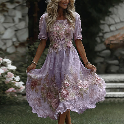 Women's Floral Art Print Flowy Linen Blend Casual Short Sleeve Maxi Dress