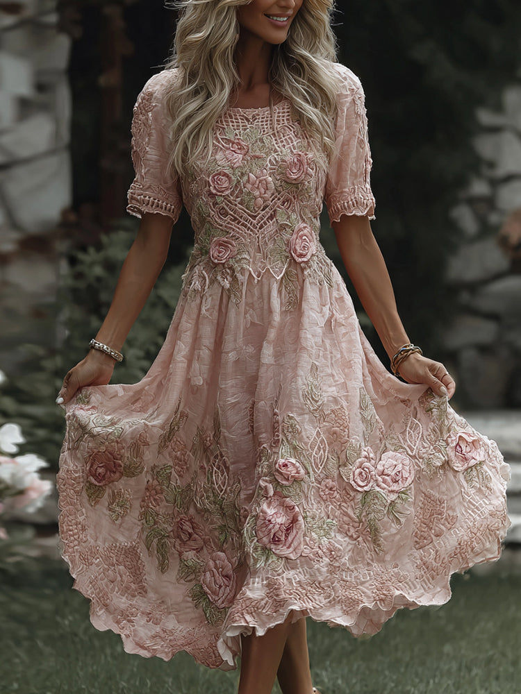 Women's Floral Art Print Flowy Linen Blend Casual Short Sleeve Maxi Dress