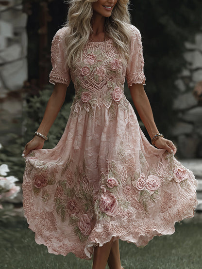 Women's Floral Art Print Flowy Linen Blend Casual Short Sleeve Maxi Dress