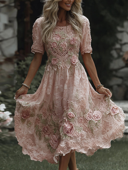 Women's Floral Art Print Flowy Linen Blend Casual Short Sleeve Maxi Dress