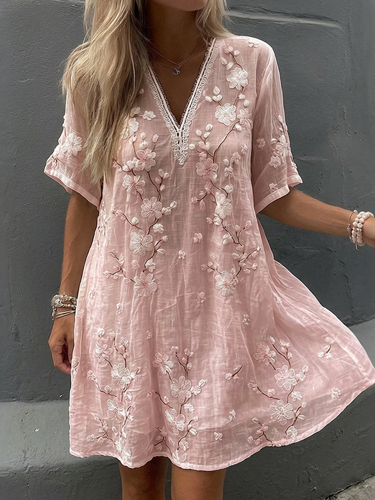 Women's Vintage Floral Print V-neck Short-sleeve Linen Dress
