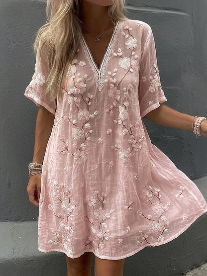 Women's Vintage Floral Print V-neck Short-sleeve Linen Dress