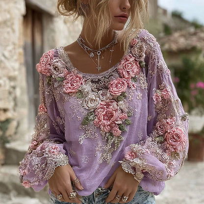 Women's Pink Rose Embroidery Art Round Neck Long Sleeve Linen Blend T-shirt