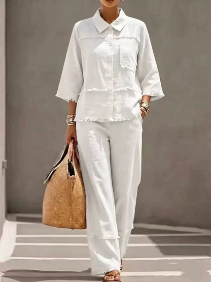 🎁New Arrivals🔥Casual Frayed-hem Linen And Cotton Shirt And Pants Two-piece Set