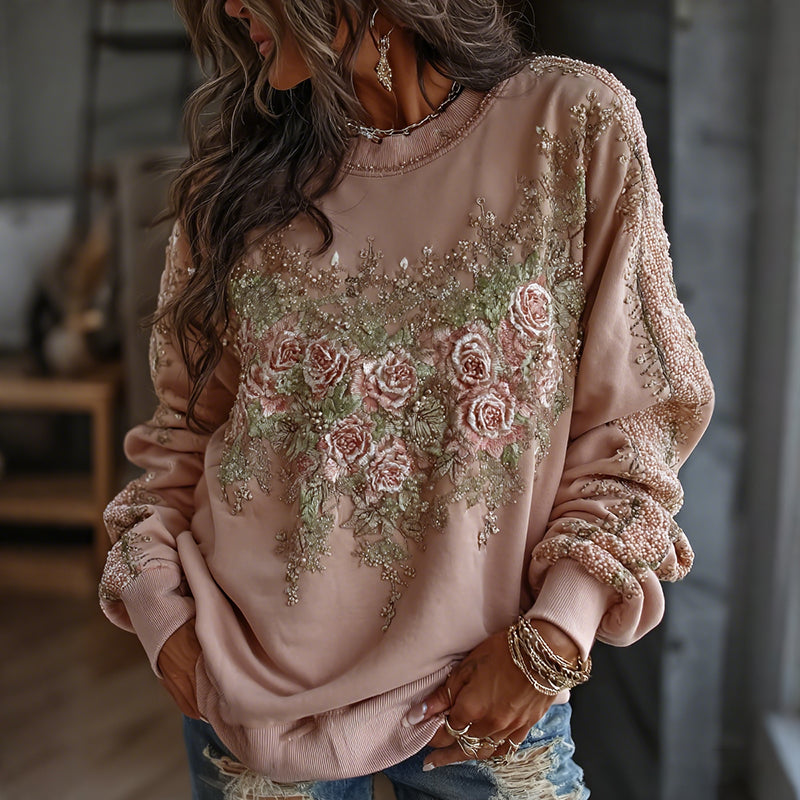 Women's Floral Embroidered Art Print Casual Sweatshirt