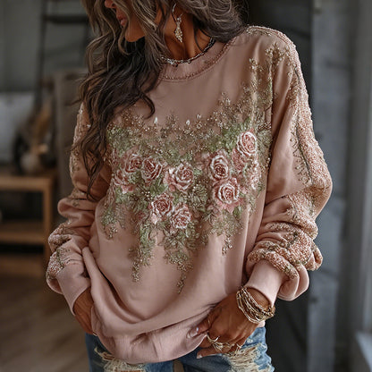 Women's Floral Embroidered Art Print Casual Sweatshirt