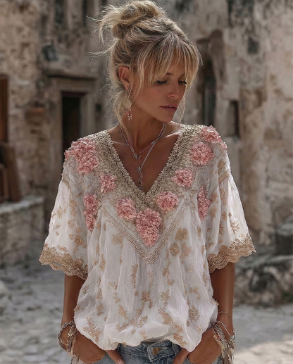 Women's Vintage Spring Floral Embroidered Art Print Flowy Linen Blend Short Sleeve Casual Tops