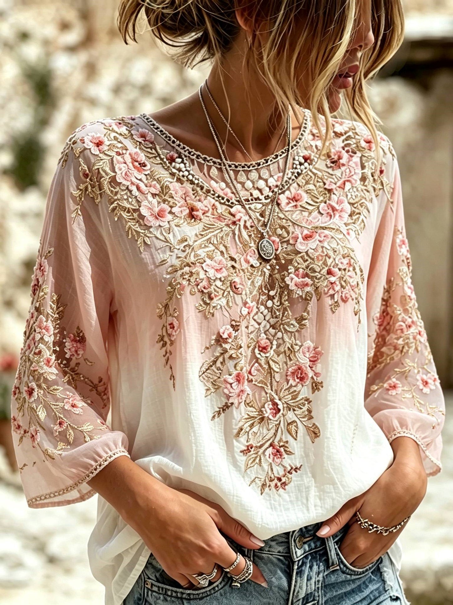 Women's Retro Bohemian Style Floral Print Comfortable Cotton Linen Long-sleeve T-shirt