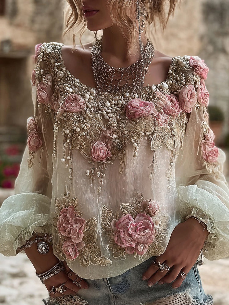 Vintage Boho Pink Rose Embroidery Art Long Sleeve Linen T Shirt