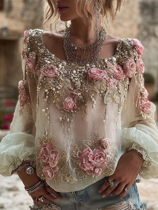 Vintage Boho Pink Rose Embroidery Art Long Sleeve Linen T Shirt
