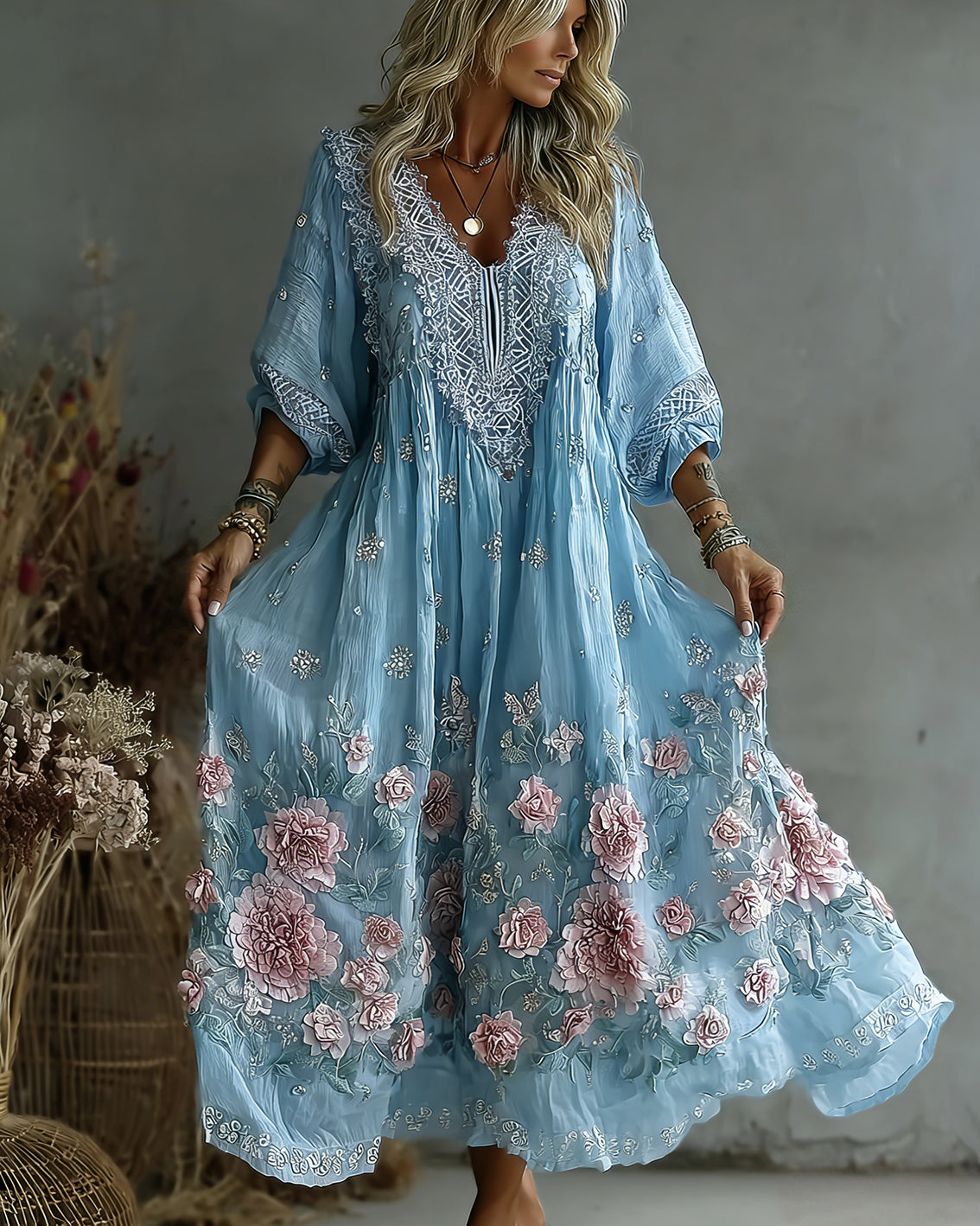 Women's Retro Floral Art Flowy Linen Blend Casual Long Sleeve Maxi Dress