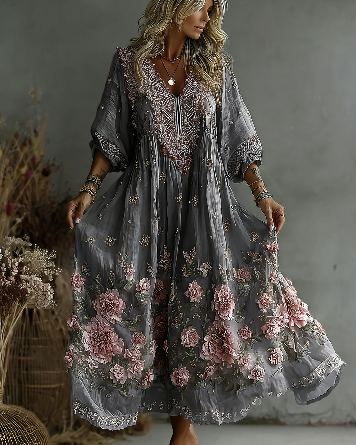 Women's Retro Floral Art Flowy Linen Blend Casual Long Sleeve Maxi Dress