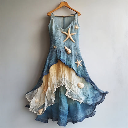 Starfish & Sea Shells Embroidered Sea Waves Layered Flowy Linen Dress
