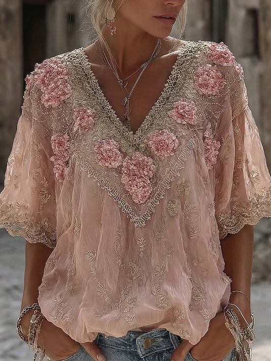 Women's Vintage Spring Floral Embroidered Art Print Flowy Linen Blend Short Sleeve Casual Tops