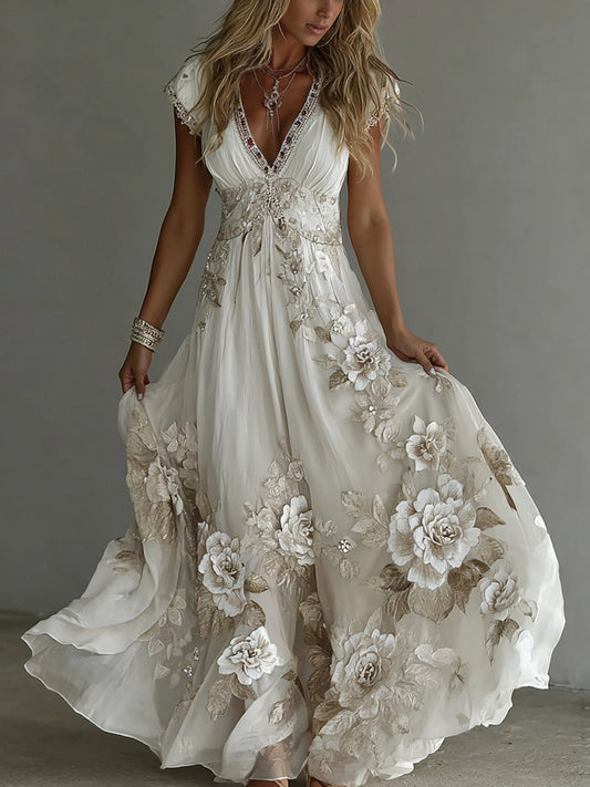 Women's Vintage Boho Floral Art  Short-sleeved Maxi Dress