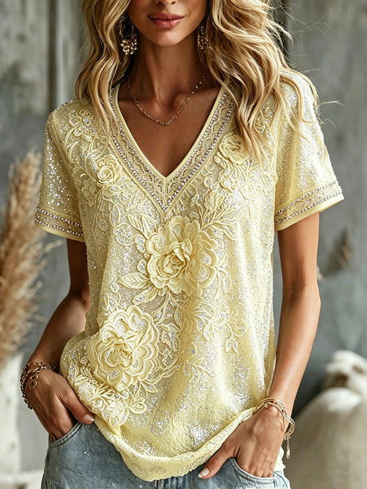 Women's Summer Romantic Yellow Rose Art Linen Blend Short Sleeve Tops