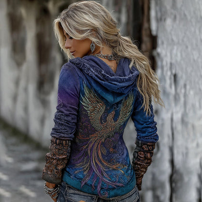 Women's Viking Mythology Phoenix Embroidery Comfortable Warm V-neck Hoodie