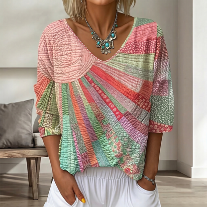 Women's Vintage Floral In Gradient Art Print Flowy Linen Blend  Three-quarter Sleeve V Neck Linen Tops
