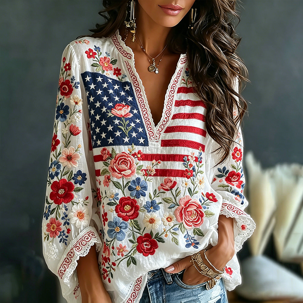 Vintage Floral Flag Art Cotton Linen V-neck Long Sleeve Top