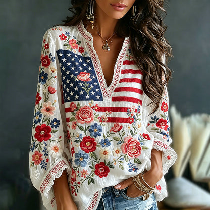 Vintage Floral Flag Art Cotton Linen V-neck Long Sleeve Top