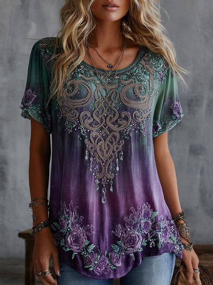 Women's Vintage Celtic Knot Floral Gradient Art Flowy Linen Blend Casual Tops