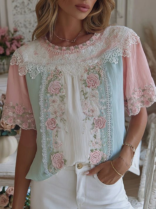 Women's Vintage Boho Floral Patchwork Art Round Neck Short Sleeve T-shirt