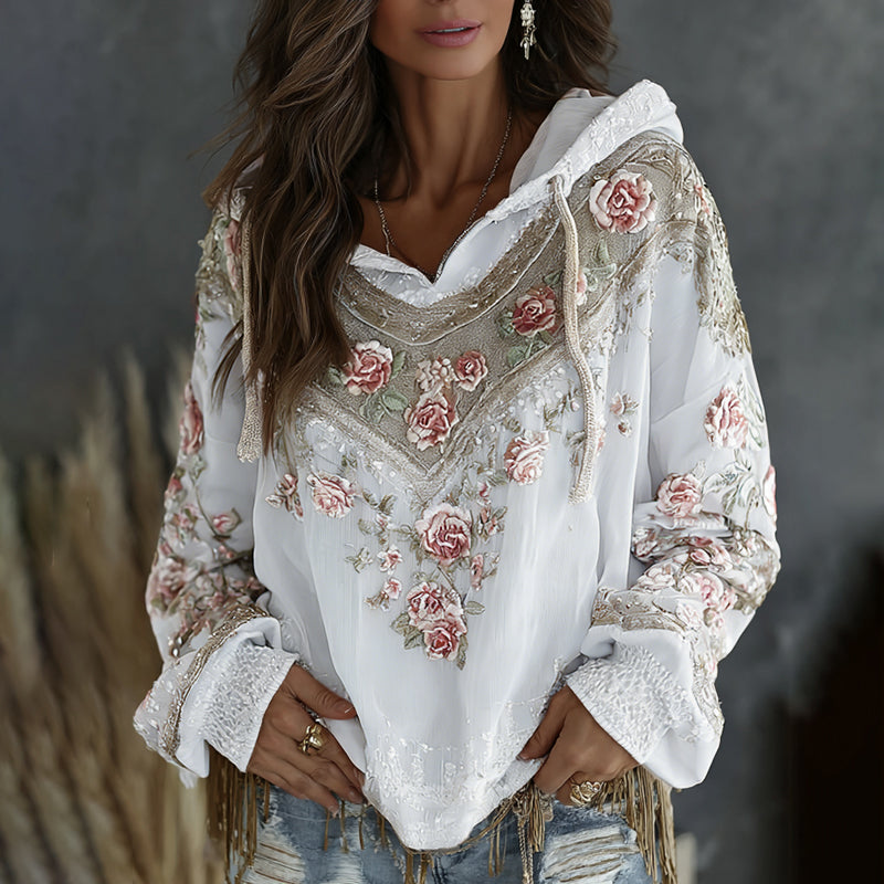 Women's Retro Floral Embroidered Art Print Flowy Linen Blend Casual Hoodie