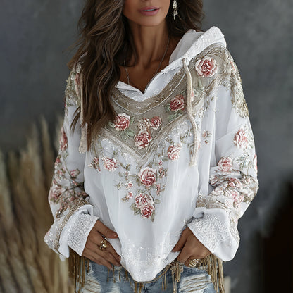 Women's Retro Floral Embroidered Art Print Flowy Linen Blend Casual Hoodie