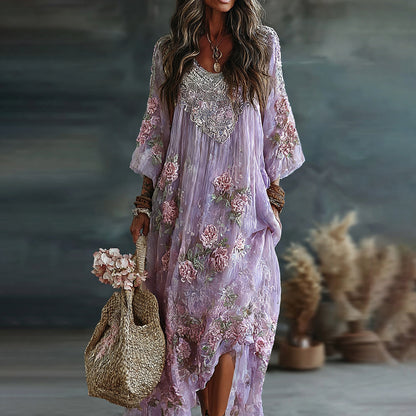 Women's Vintage Floral Art Flowy Linen Blend Casual Long Sleeve Maxi Dress