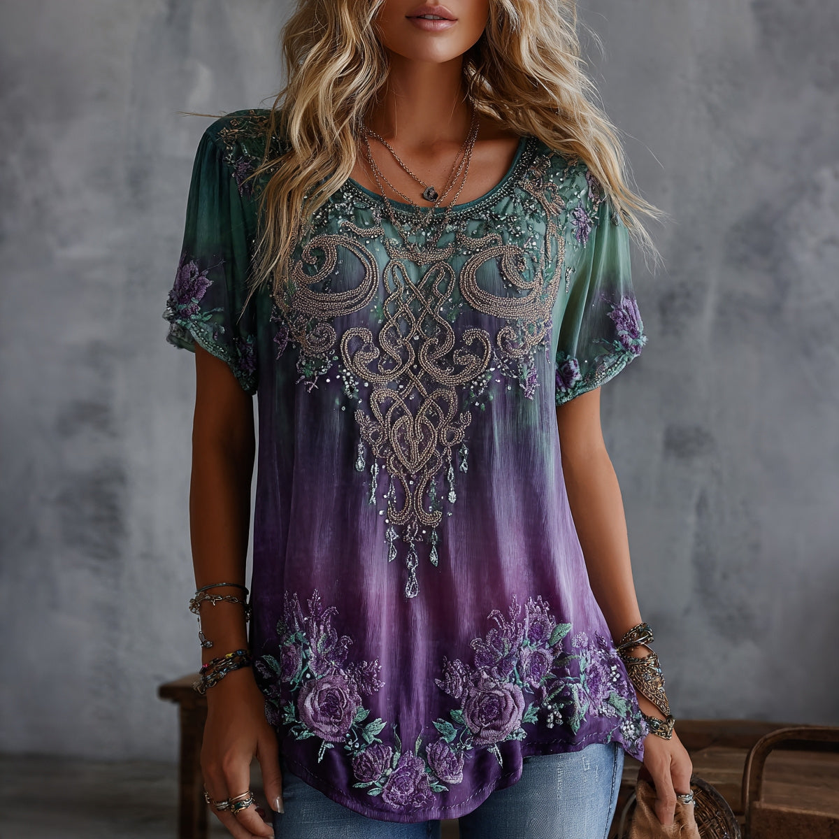 Women's Vintage Celtic Knot Floral Gradient Art Flowy Linen Blend Casual Tops
