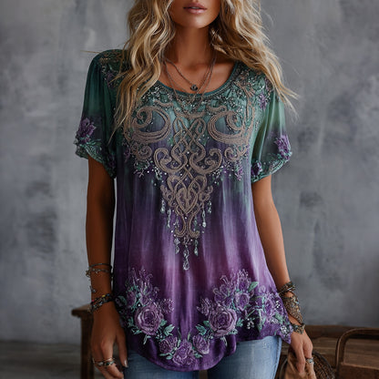 Women's Vintage Celtic Knot Floral Gradient Art Flowy Linen Blend Casual Tops