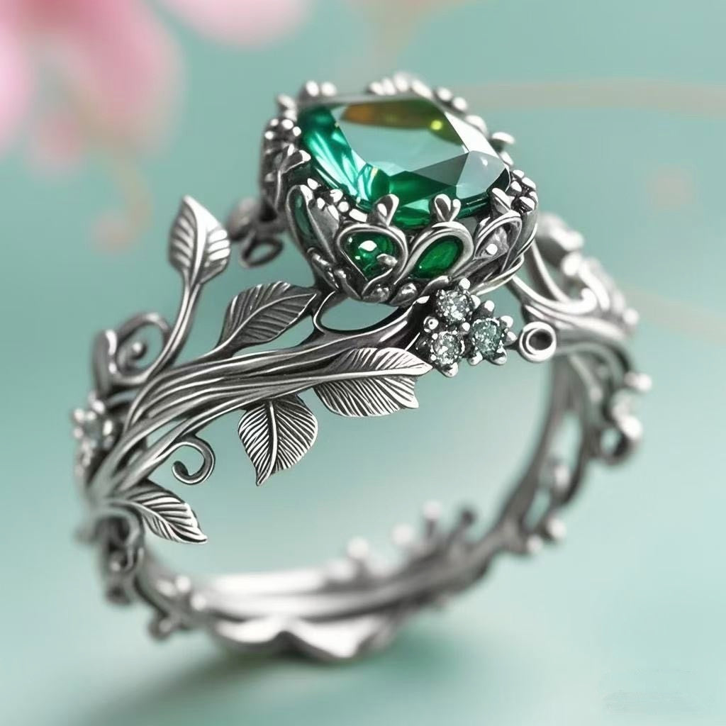 Women's Vintage Green Crystal Vine Ring