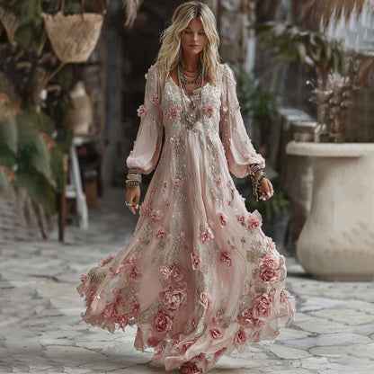 Women's Bohemia Pink Flower Embroidery Art Crew Neck Long Sleeve Maxi Dress