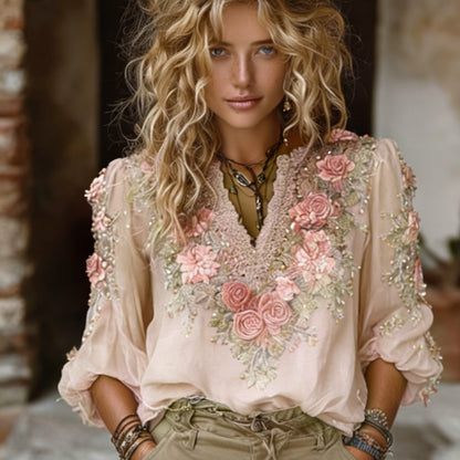 Bohemian Style Pink Rose Black Casual V-neck Long Sleeved Top