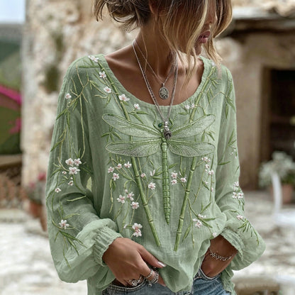 Women's Dragonfly Flower Art Crew Neck Long Sleeve Linen Blend T-shirt