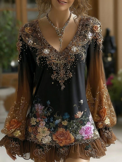 Women's Bohemian-style Floral Embroidered V-neck T-shirt