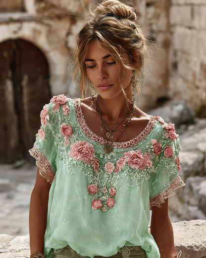 Women's Vintage Floral Embroidered Art Flowy Linen Blend Short Sleeve Casual Tops