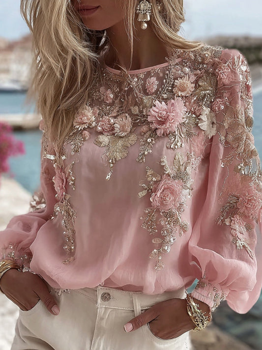 Women's Pink Flower Embroidery Art Round Neck Long Sleeve T-shirt