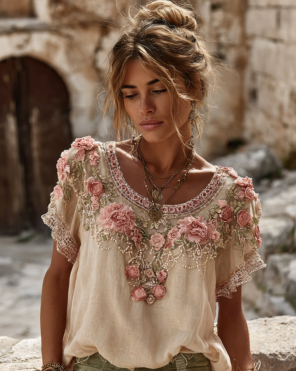 Women's Vintage Floral Embroidered Art Flowy Linen Blend Short Sleeve Casual Tops