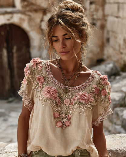 Women's Vintage Floral Embroidered Art Flowy Linen Blend Short Sleeve Casual Tops