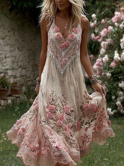 Bohemian Flower Design Women's Linen Suspender Dress