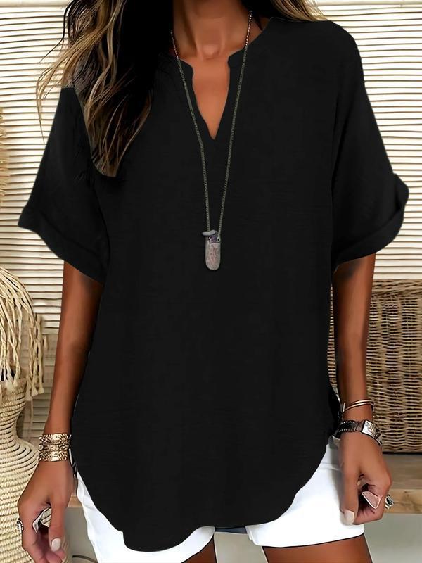 📦📦Women's Plain Short Sleeve Blouse, Casual Solid Color Top for Daily Wear, Ladies Clothes for All Seasons